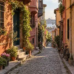 Balat'ın renkli binaları arasında sakin bir sokak