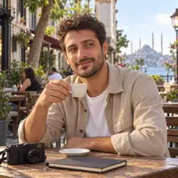Deniz'in fotoğraf makinesiyle bir kafede kahve molası