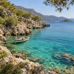 Kaş kıyısında turkuaz bir koy ve küçük tekne